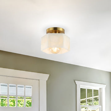 Tessa 8" 1-Light Modern Contemporary Alabaster/Iron Hexagonal LED Semi Flush Mount - JONATHAN Y